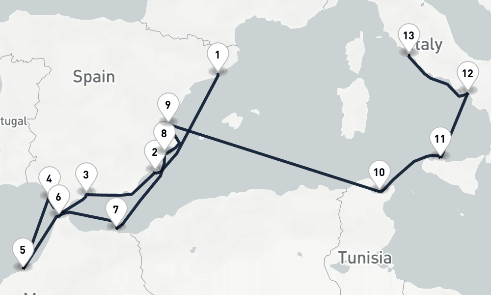 14 days, one-way from Barcelona to Civitavecchia-Rome 15日間