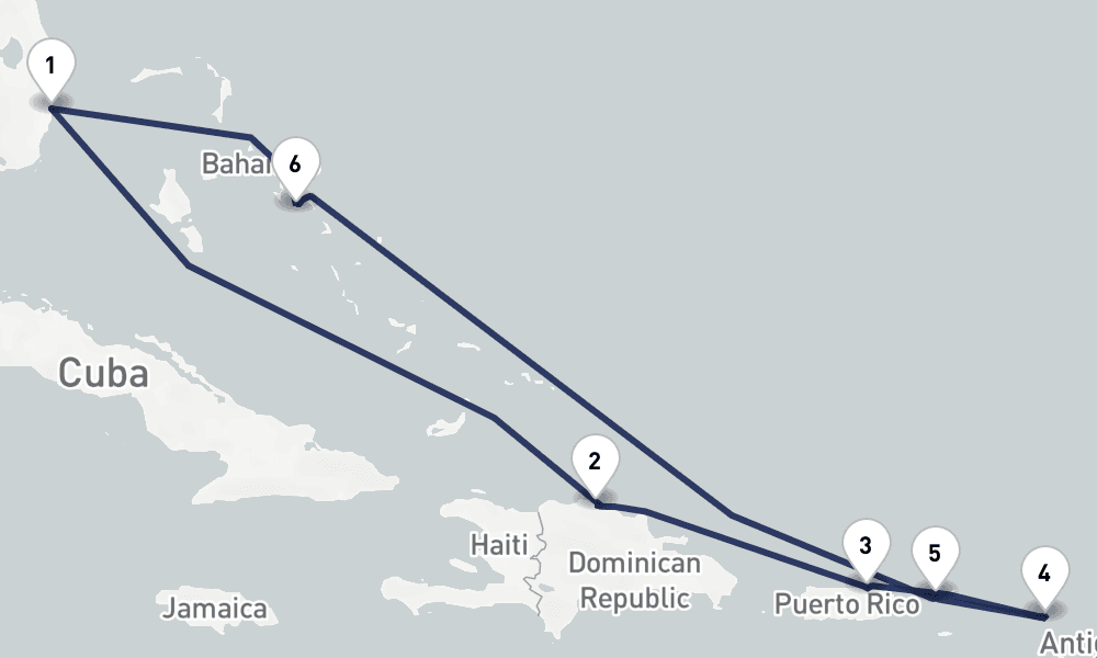 8 days, round-trip Eastern Caribbean Greater Antilles Leeward Islands 9日間
