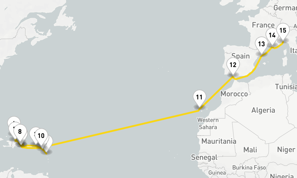 25 days, one-way from Pointe-a-Pitre to Savona 26日間