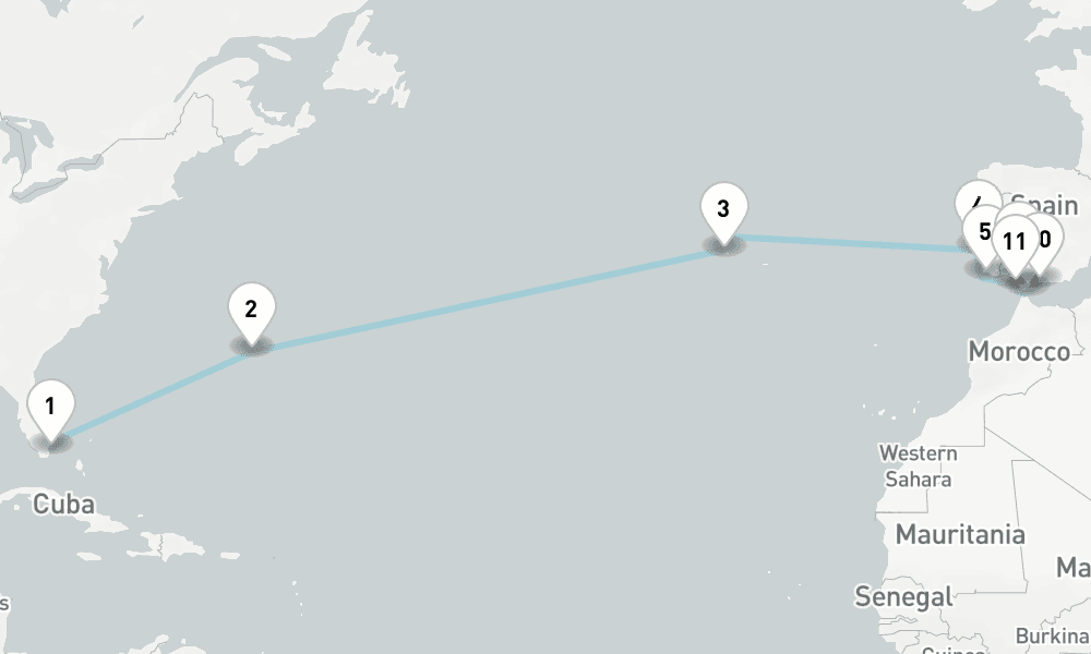 21 days, one-way from Miami to Lisbon 22日間