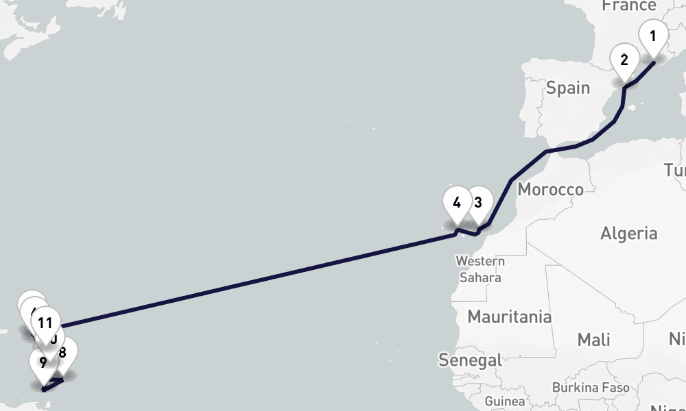 19 days, one-way from Marseille to Pointe-a-Pitre 20日間