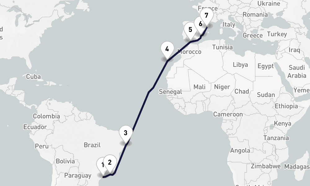 15 days, one-way from Santos to Barcelona 16日間
