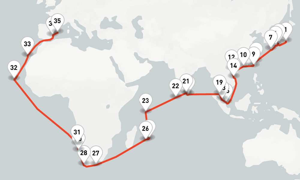 64 days, one-way from Yokohama to Palma de Mallorca 65日間