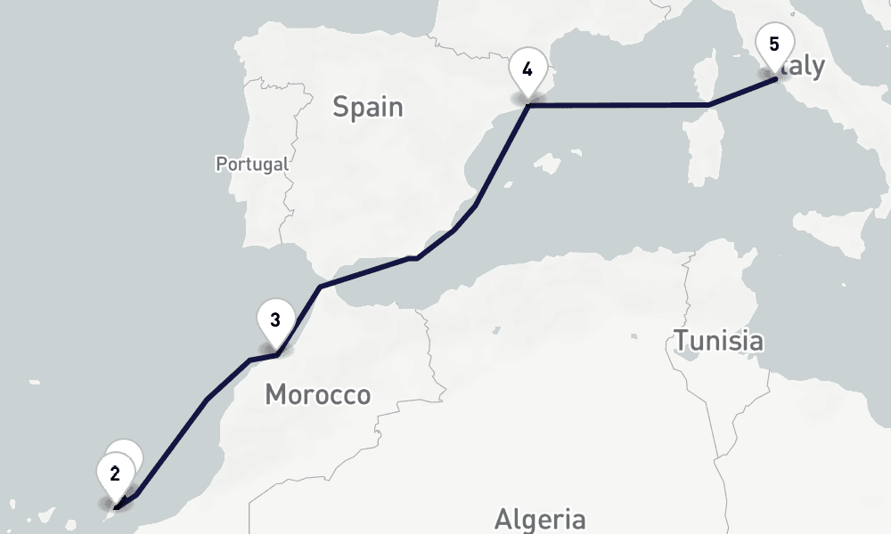7 days, one-way from Arrecife to Civitavecchia-Rome 8日間