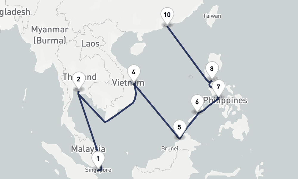 14 days, one-way from Singapore to Hong Kong 15日間