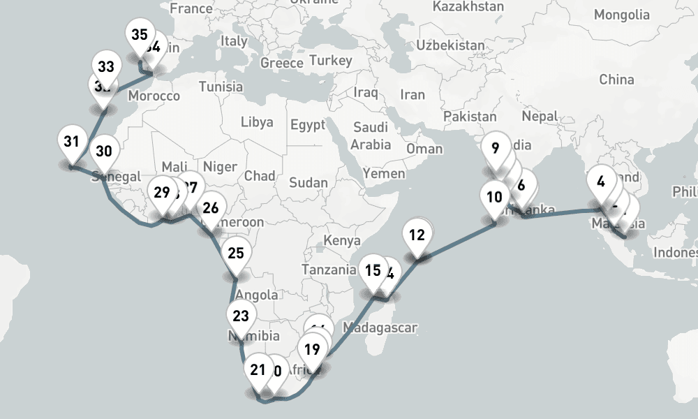 54 days, one-way from Singapore to Lisbon 55日間