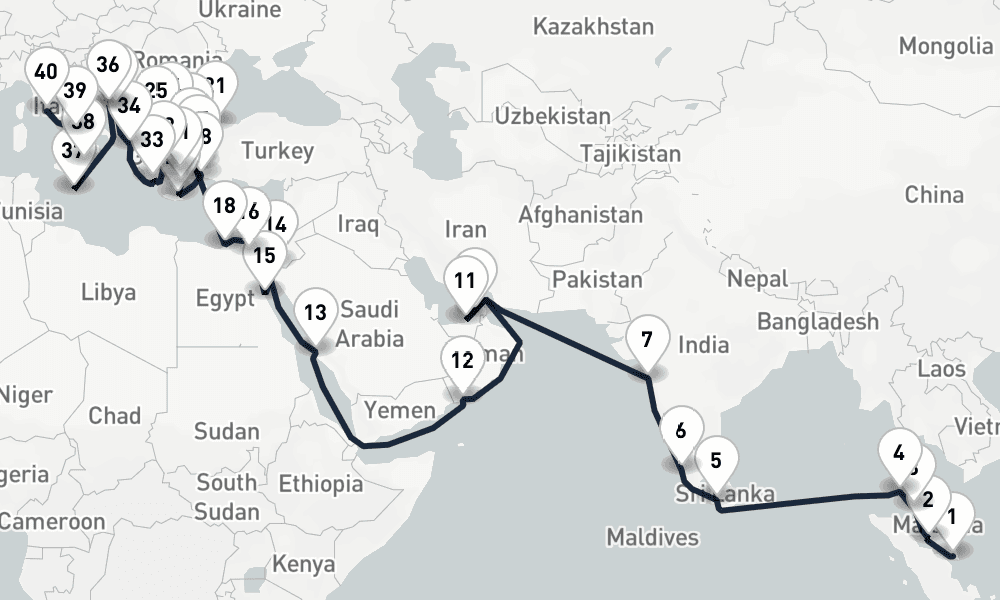 54 days, one-way from Singapore to Civitavecchia-Rome 55日間