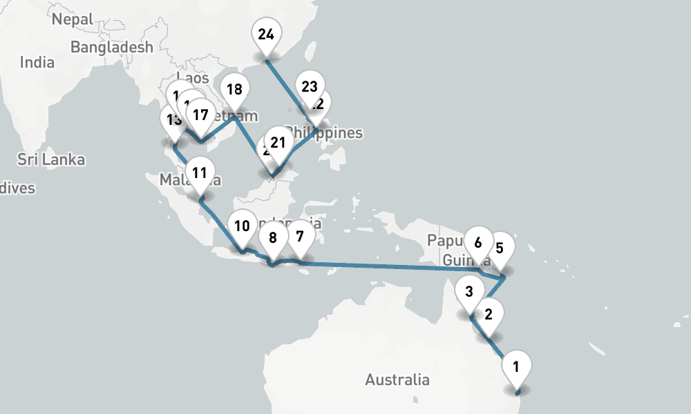 36 days, one-way from Brisbane to Hong Kong 37日間
