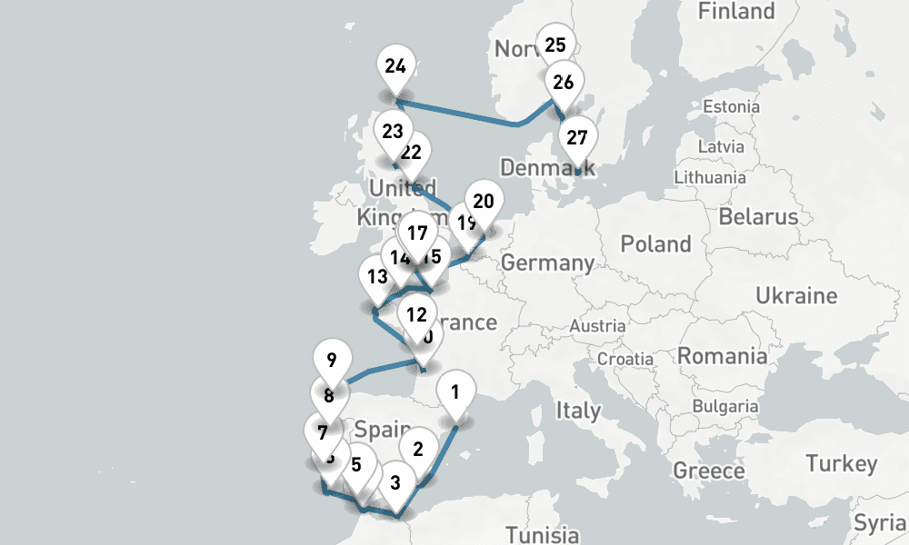 29 days, one-way from Barcelona to Copenhagen 30日間