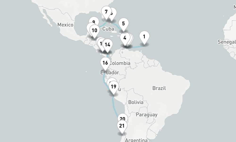 28 days, one-way from Bridgetown to Valparaiso-Santiago 29日間