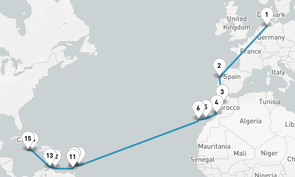 26 days, one-way from Bremerhaven to Montego Bay 27日間