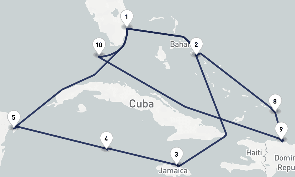14 days, round-trip Western Eastern Caribbean Mexico Bahamas 15日間