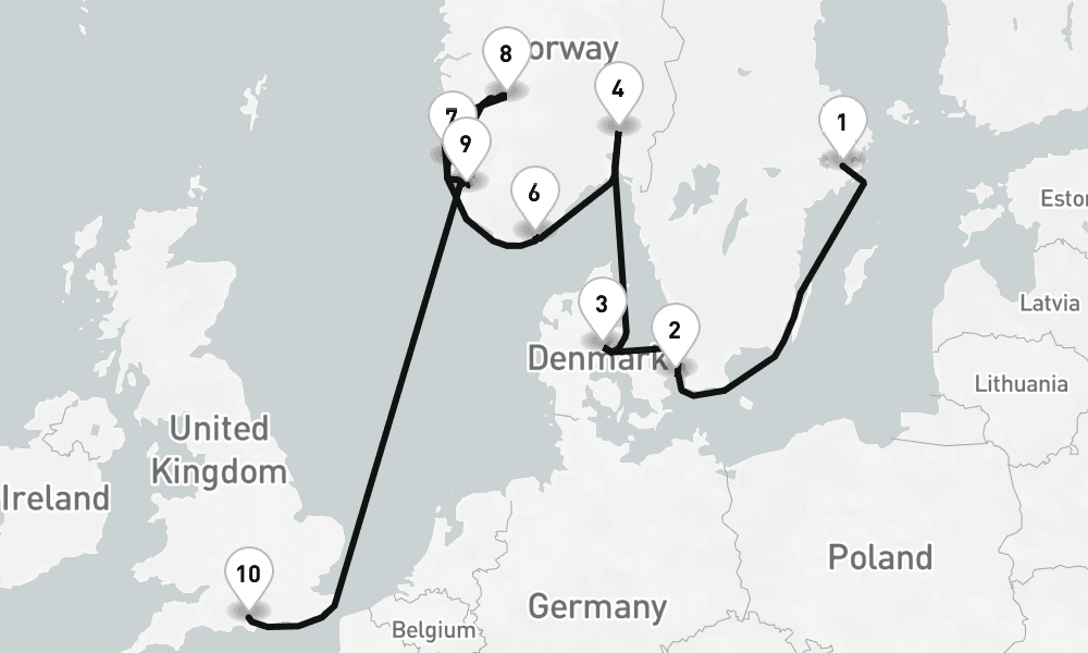 12 days, one-way from Stockholm to Southampton 13日間