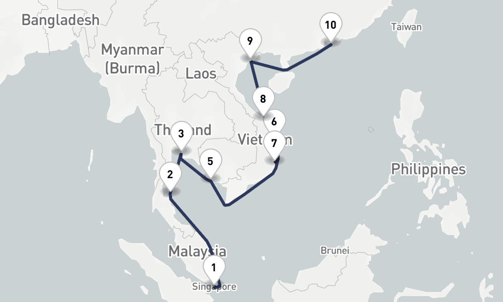 14 days, one-way from Singapore to Hong Kong 15日間