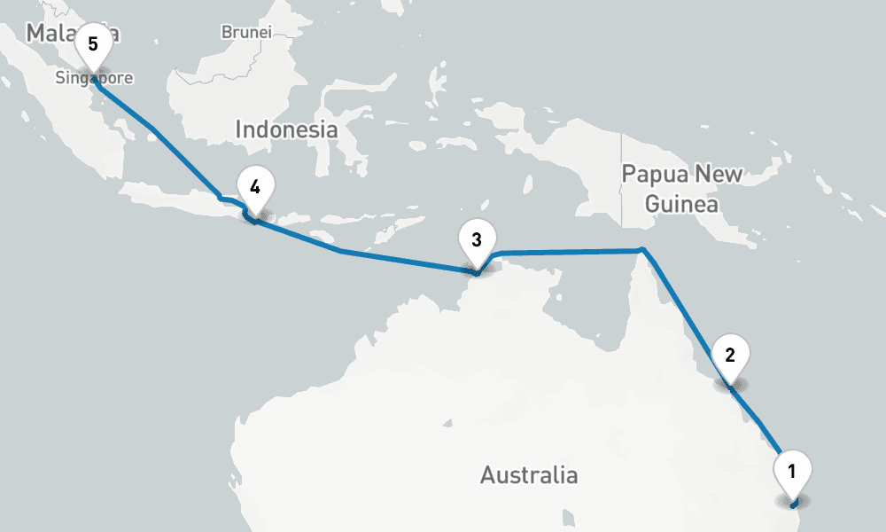15 days, one-way from Brisbane to Singapore 16日間