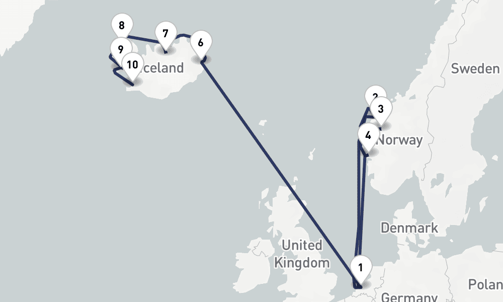14 days, one-way from Rotterdam to Reykjavik 15日間
