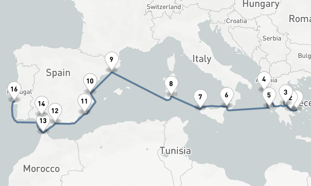 16 nights / 17 days, one-way from Piraeus (Athens, Greece) to Lisbon