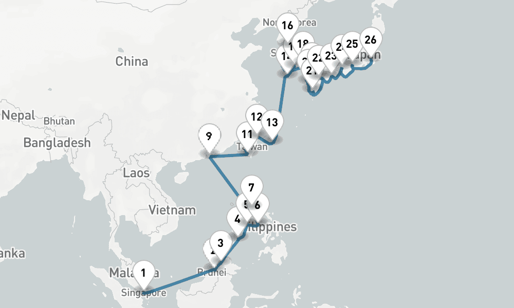 33 days, one-way from Singapore to Tokyo 34日間
