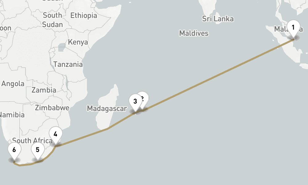 19 days, one-way from Singapore to Cape Town 20日間