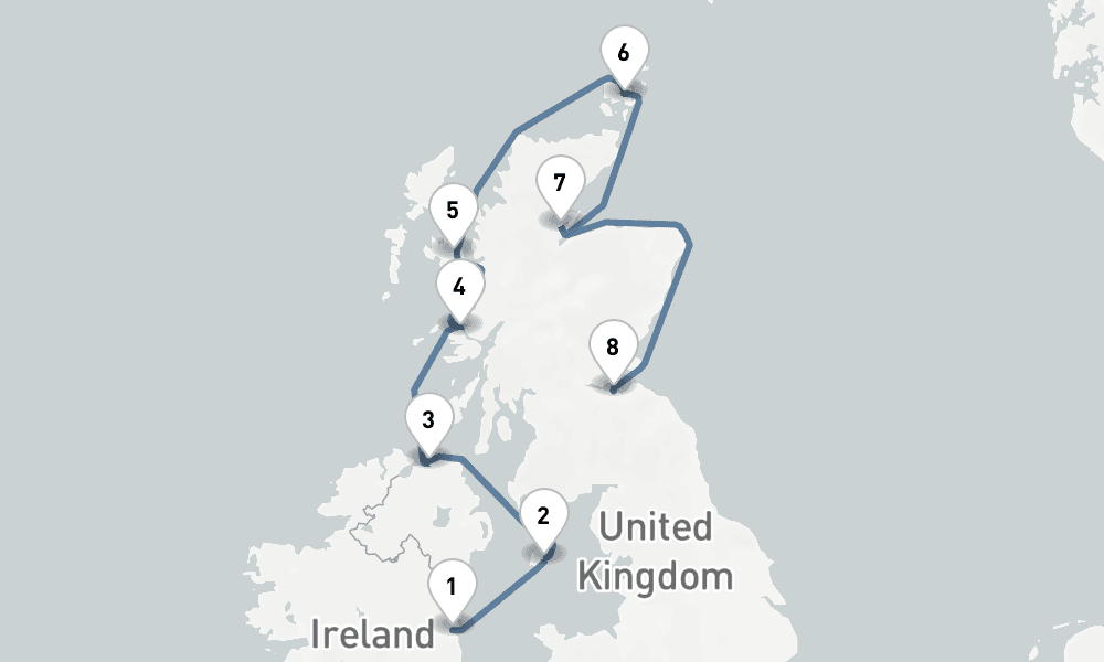8 days, one-way from Dublin to Leith-Edinburgh 9日間