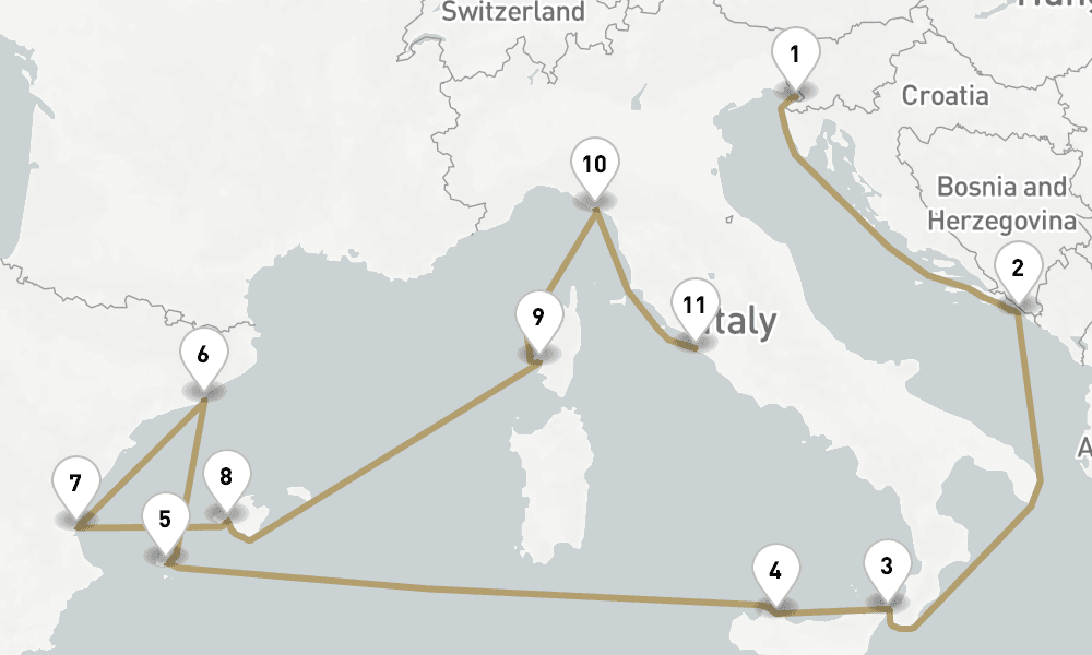 14 days, one-way from Trieste to Civitavecchia-Rome 15日間