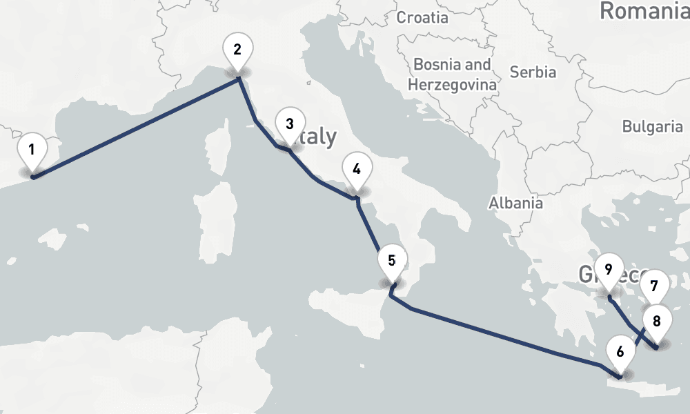 10 days, one-way from Barcelona to Piraeus-Athens 11日間