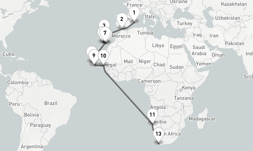 27 days, one-way from Palma de Mallorca to Cape Town 28日間