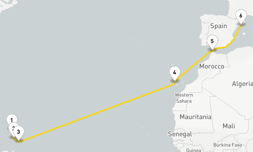 13 days, one-way from Pointe-a-Pitre to Barcelona 14日間