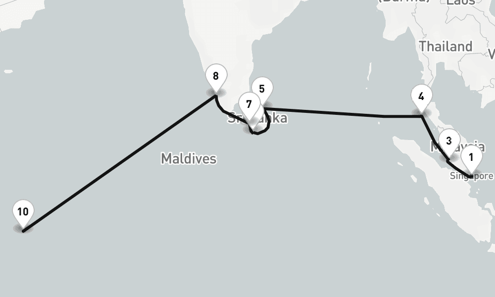 18 days, one-way from Singapore to Mahe Island Seychelles 19日間
