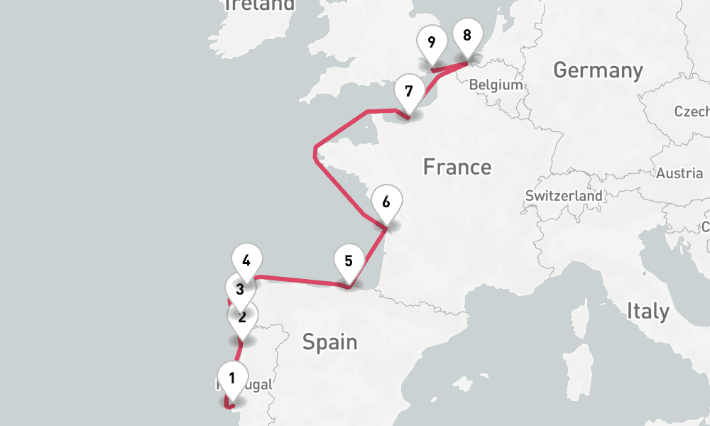 9 days, one-way from Lisbon to Dover 10日間
