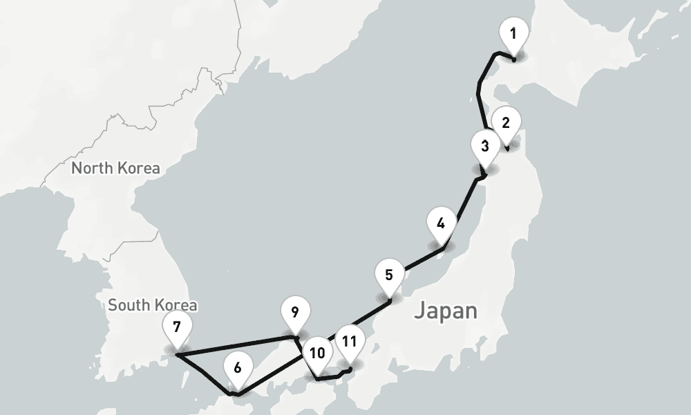 12 days, one-way from Sapporo-Otaru to Kobe-Osaka 13日間