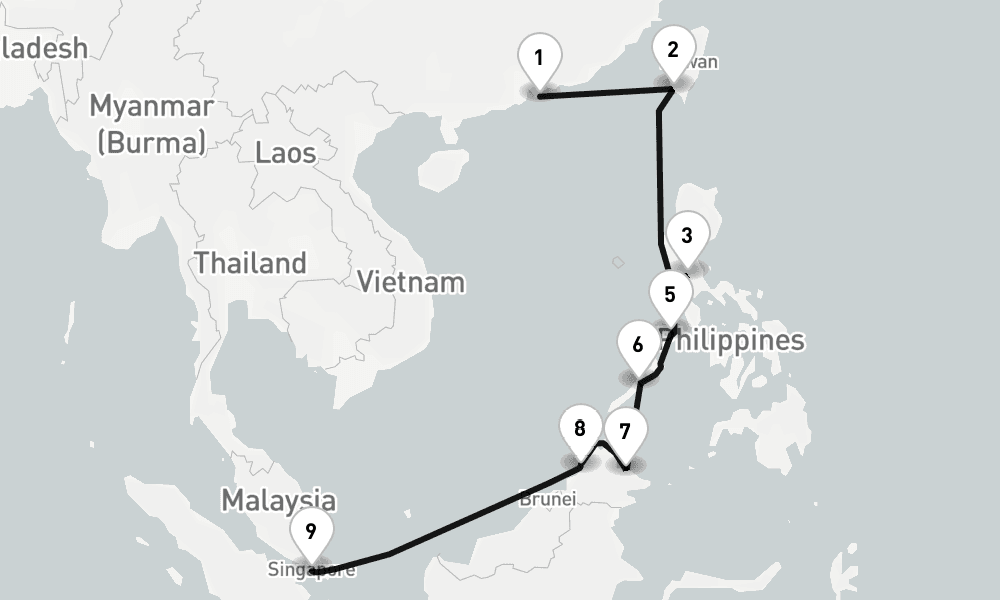 14 days, one-way from Hong Kong to Singapore 15日間