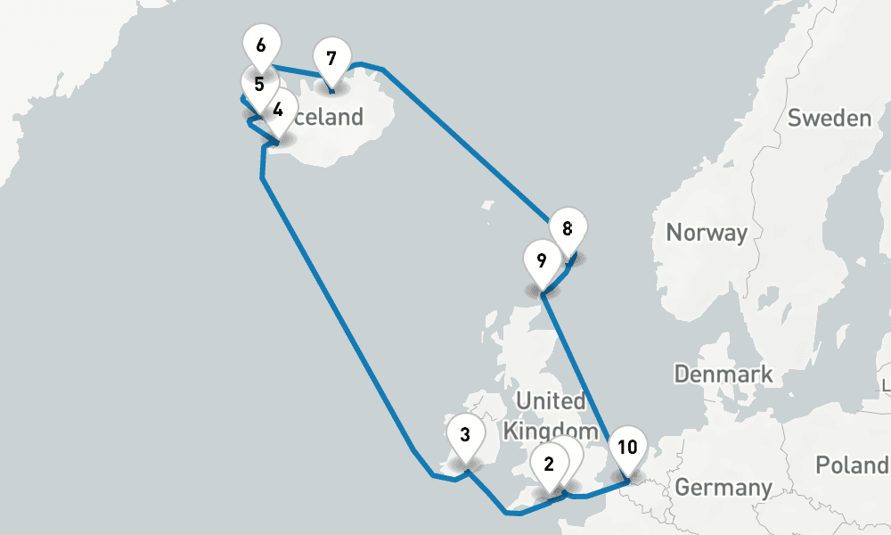 14 days, round-trip Icelandic Fjords British Isles 15日間