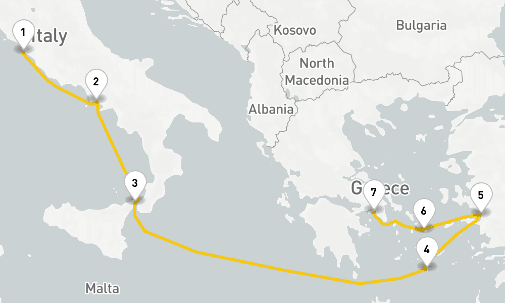 7 days, one-way from Civitavecchia-Rome to Piraeus-Athens 8日間