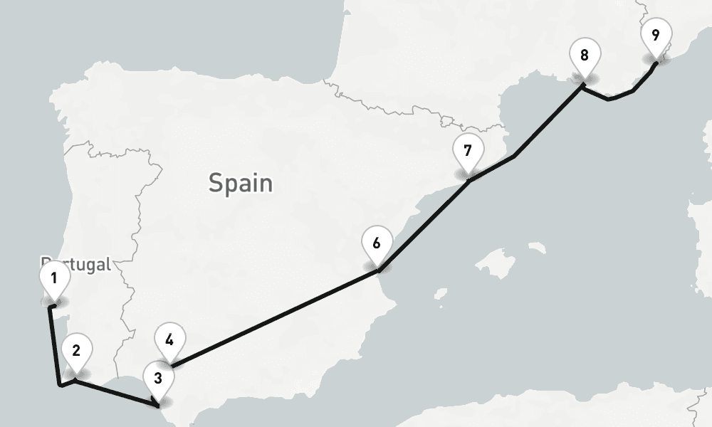9 days, one-way from Lisbon to Villefranche-sur-Mer 10日間