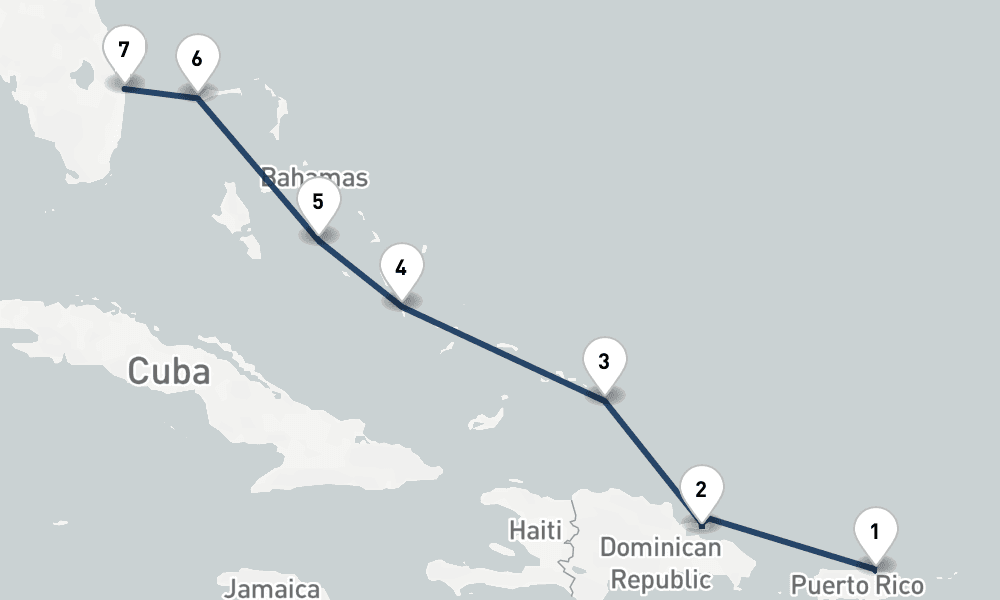 7 days, one-way from San Juan to West Palm Beach 8日間