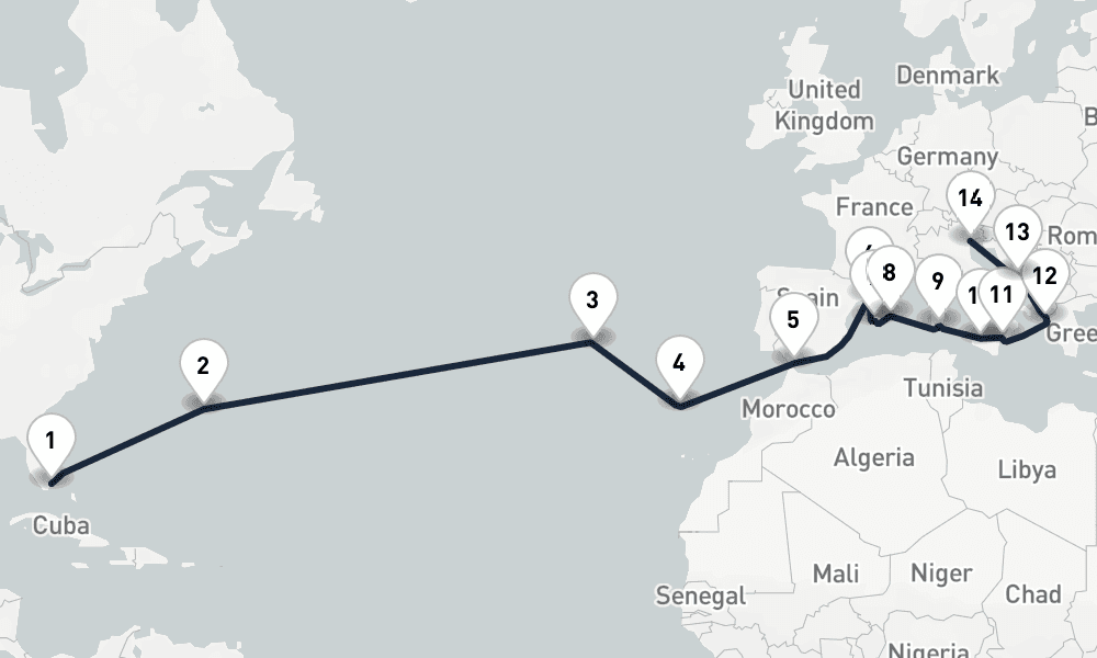 23 days, one-way from Miami to Venice 24日間