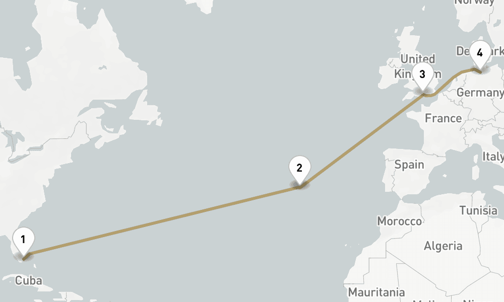 13 days, one-way from Miami to Hamburg 14日間