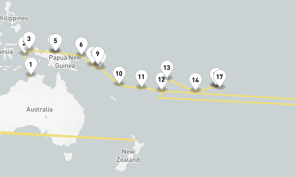 34 days, one-way from Darwin to Papeete 35日間