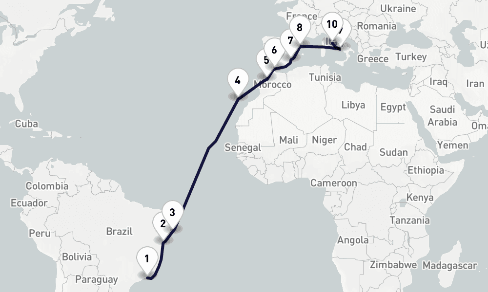 18 days, one-way from Rio de Janeiro to Civitavecchia-Rome 19日間