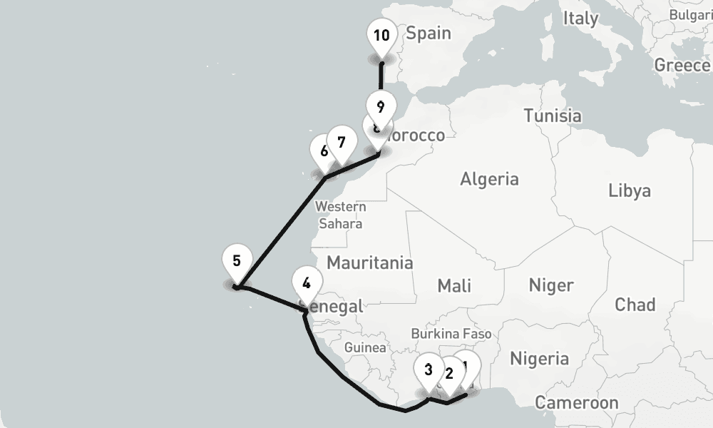 20 days, one-way from Tema Harbour-Accra to Lisbon 21日間