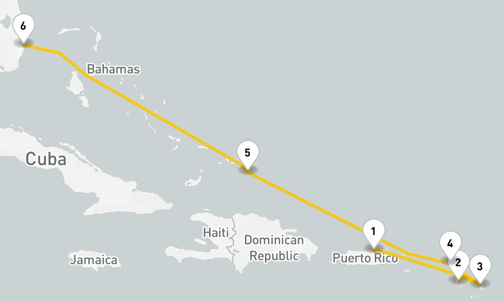 7 days, one-way from San Juan to Fort Lauderdale 8日間