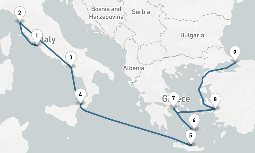 10 days, one-way from Civitavecchia-Rome to Istanbul 11日間