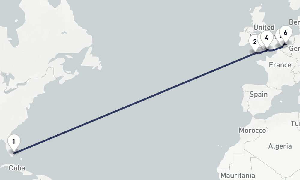 14 days, one-way from Fort Lauderdale to Rotterdam 15日間