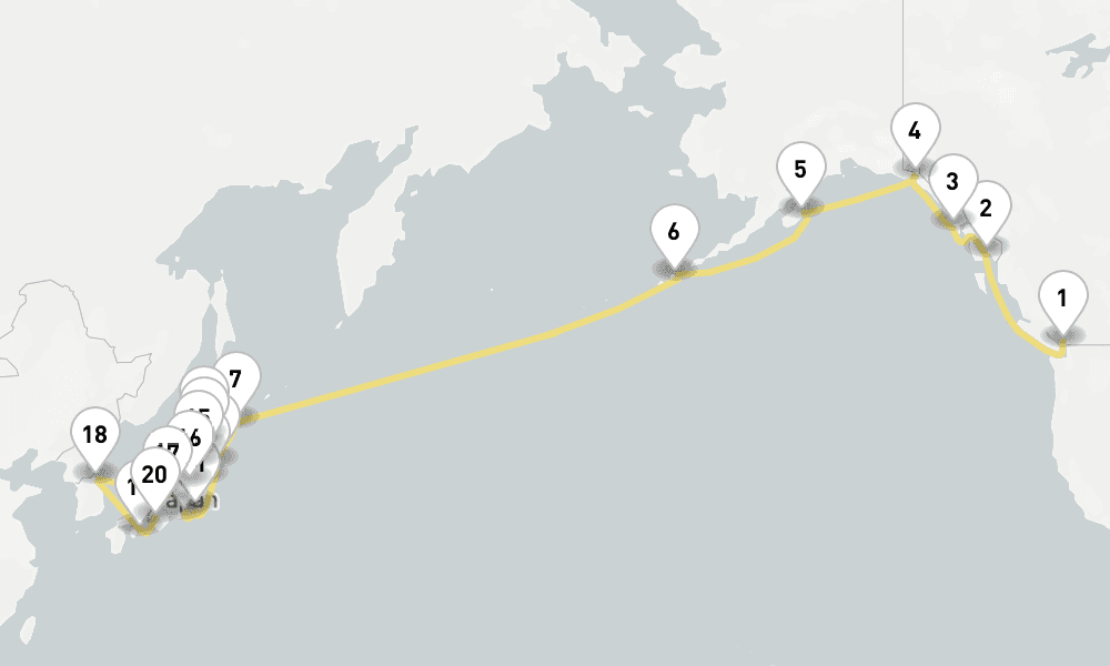 34 days, one-way from Vancouver to Kobe-Osaka 35日間