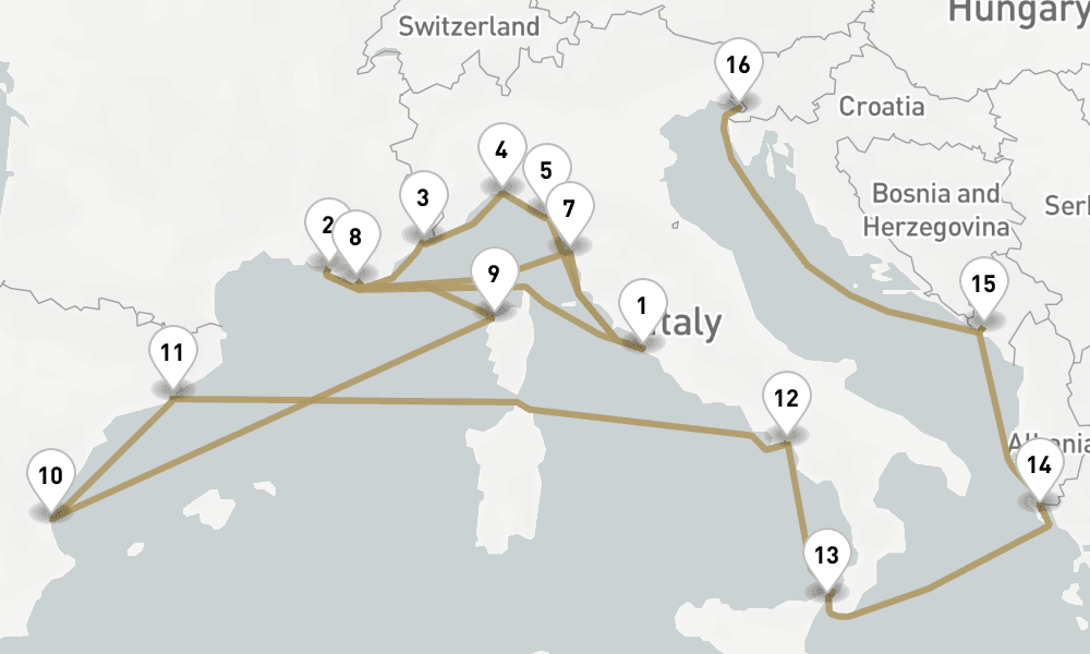 21 days, one-way from Civitavecchia-Rome to Trieste 22日間