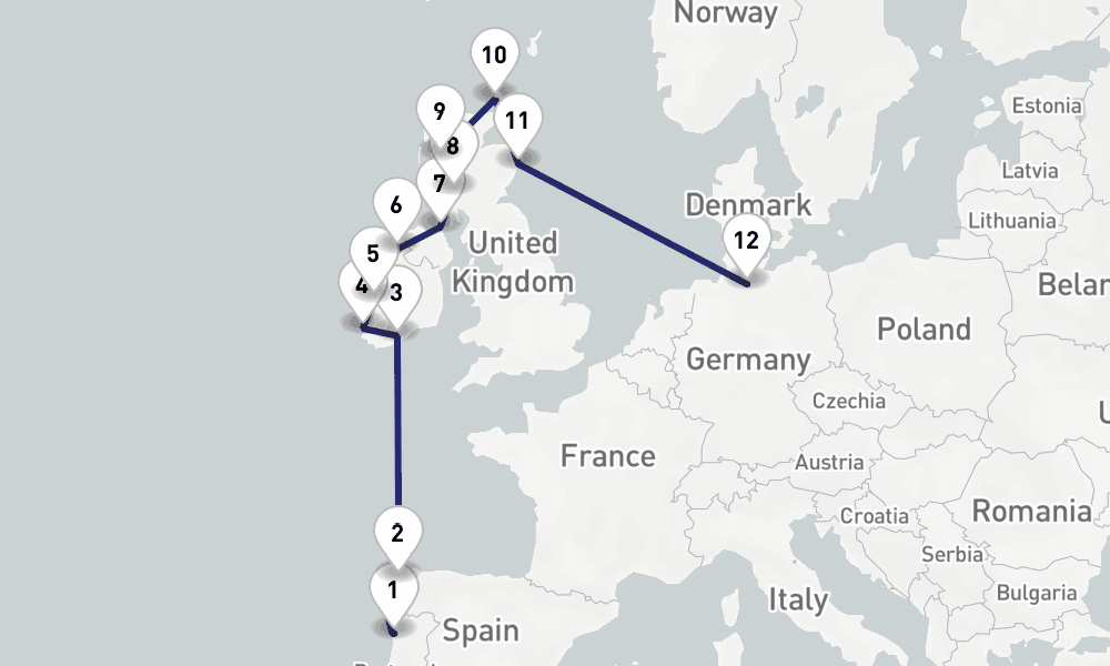 13 days, one-way from Porto-Leixoes to Hamburg 14日間