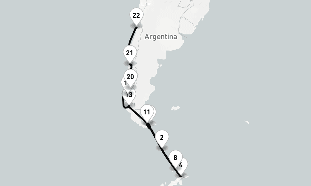 21 days, one-way from Puerto Williams to Valparaiso-Santiago 22日間