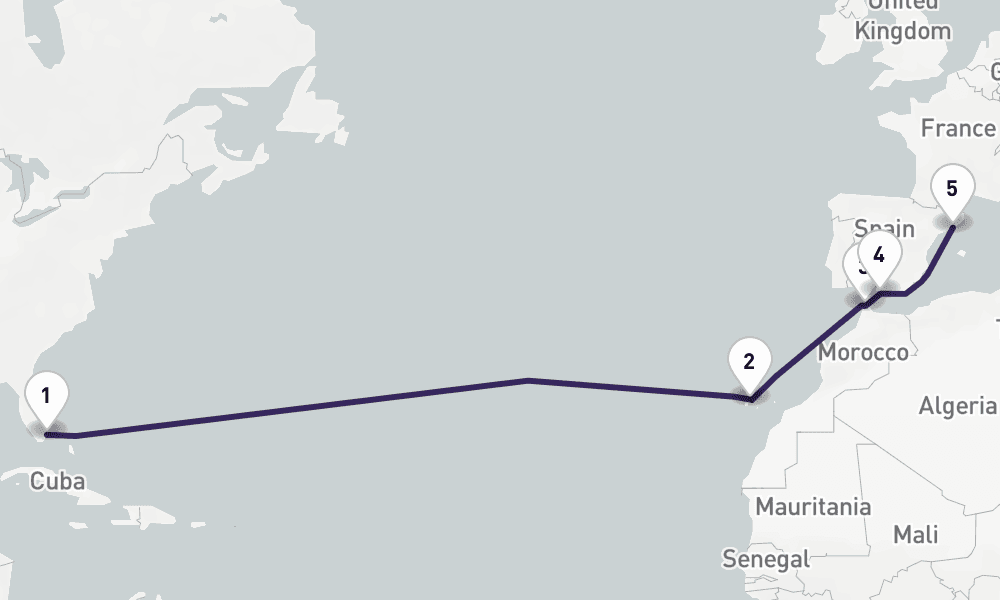 14 days, one-way from Miami to Barcelona 15日間