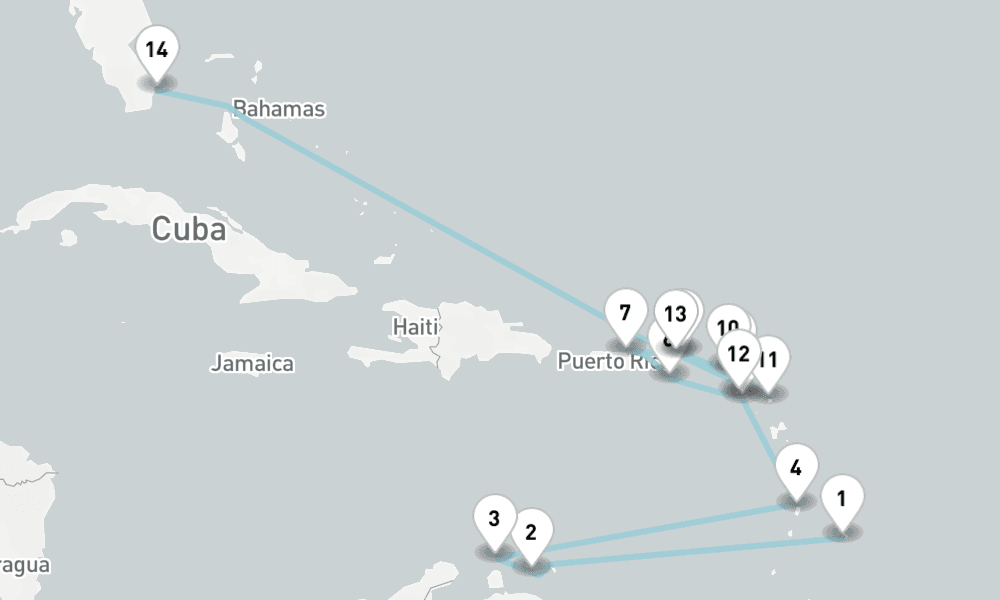 17 nights / 18 days, one-way from Bridgetown (Barbados) to Miami (Florida)